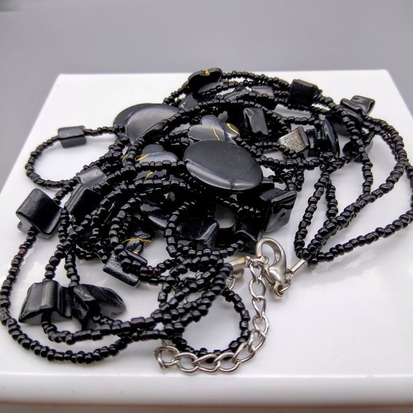 Retro Messy Beaded Necklace, Black Glass Multi Strand with Glossy Shapes and Gol - Picture 4 of 4